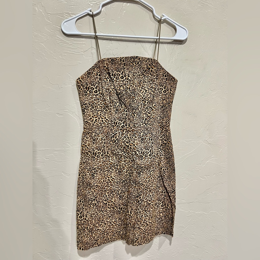 Urban Outfitters Leopard Print Linen Blend Mini Dress Spaghetti Strap Brown US 0